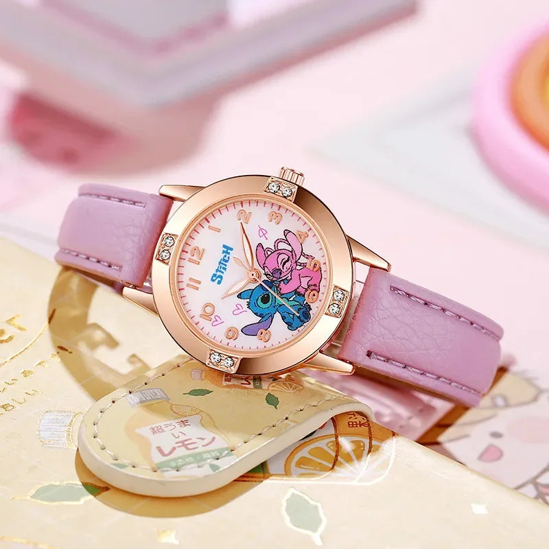 Disney Children's Watches Cute Cartoon Stitch Imitation Diamond Belt Student Quartz Watch Simple and Exquisite Gift
