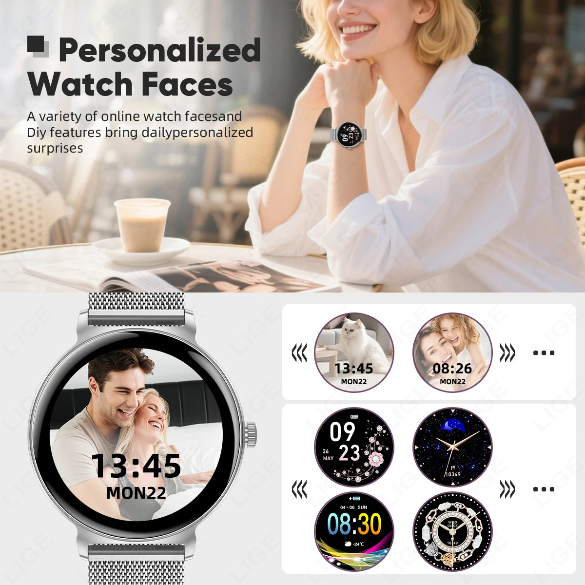 Fashion 1.27inch AMOLED Women's Smart Watch Always Display Time Smartwatch Ladies Heart Rate Monitor BT Call Waterproof Bracelet