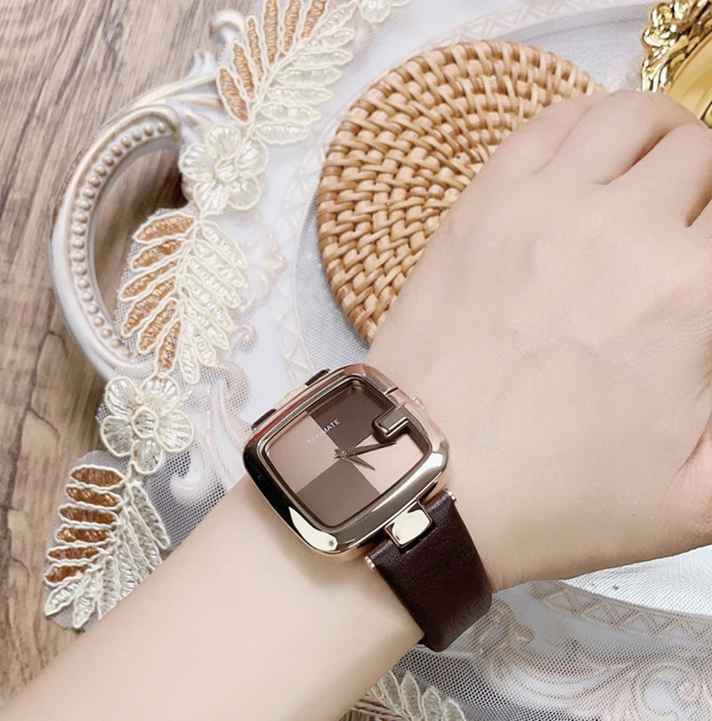 SUNMATE Elegant Ultra-thin Nordic Simple Style Quartz Movement Women's Watch Fashion Genuine Leather Strap Women's Watch