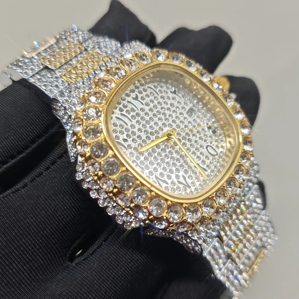 Luxury Brand Men Quartz Watch Fashion Square Hip Hop Diamond Out Sparkling Jewelry Waterproof Stainless Steel Wristwatch Man New