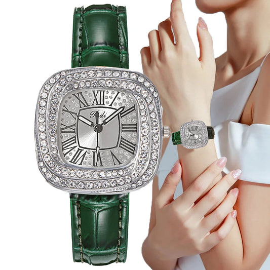 Fashion 2025 New Simple Square Ladies Full Star Diamonds Quartz Watch Casual Green Leather Dress Women's Clock Wristwatch