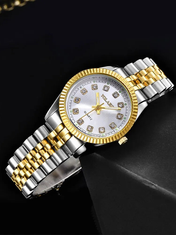 Women's Fashion Round Room Gold Steel Band Quartz Wristwatch
