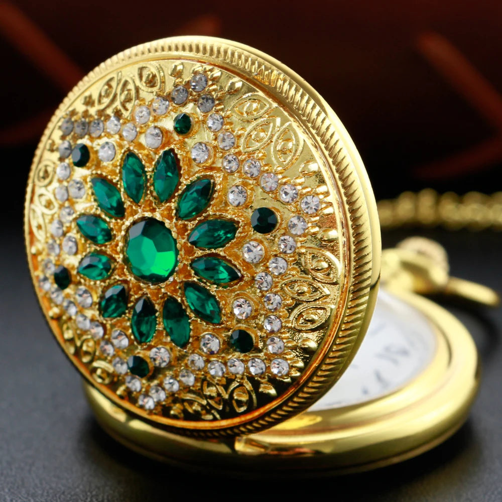 Gold Diamond Luxury Emerald Gem Pocket Watch Necklace Digital Pendant Chain Clock Fashion Sculpture Women's Men's Gift