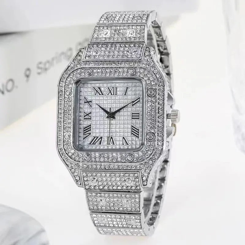 Watch For Men Luxury Gold Square Diamond Full Sky Star Male's Clock Watches Steel Band Quartz Wristwatch