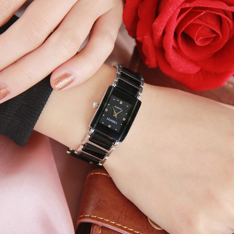 Brand Ladies Watch Elegant Black Ceramics Simple Minimalism Small Narrow Quartz Casual Women Clock Rhinestone Wristwatch