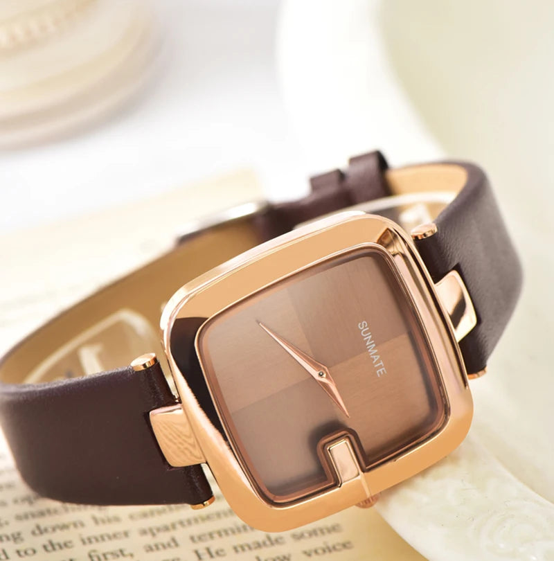 SUNMATE Elegant Ultra-thin Nordic Simple Style Quartz Movement Women's Watch Fashion Genuine Leather Strap Women's Watch