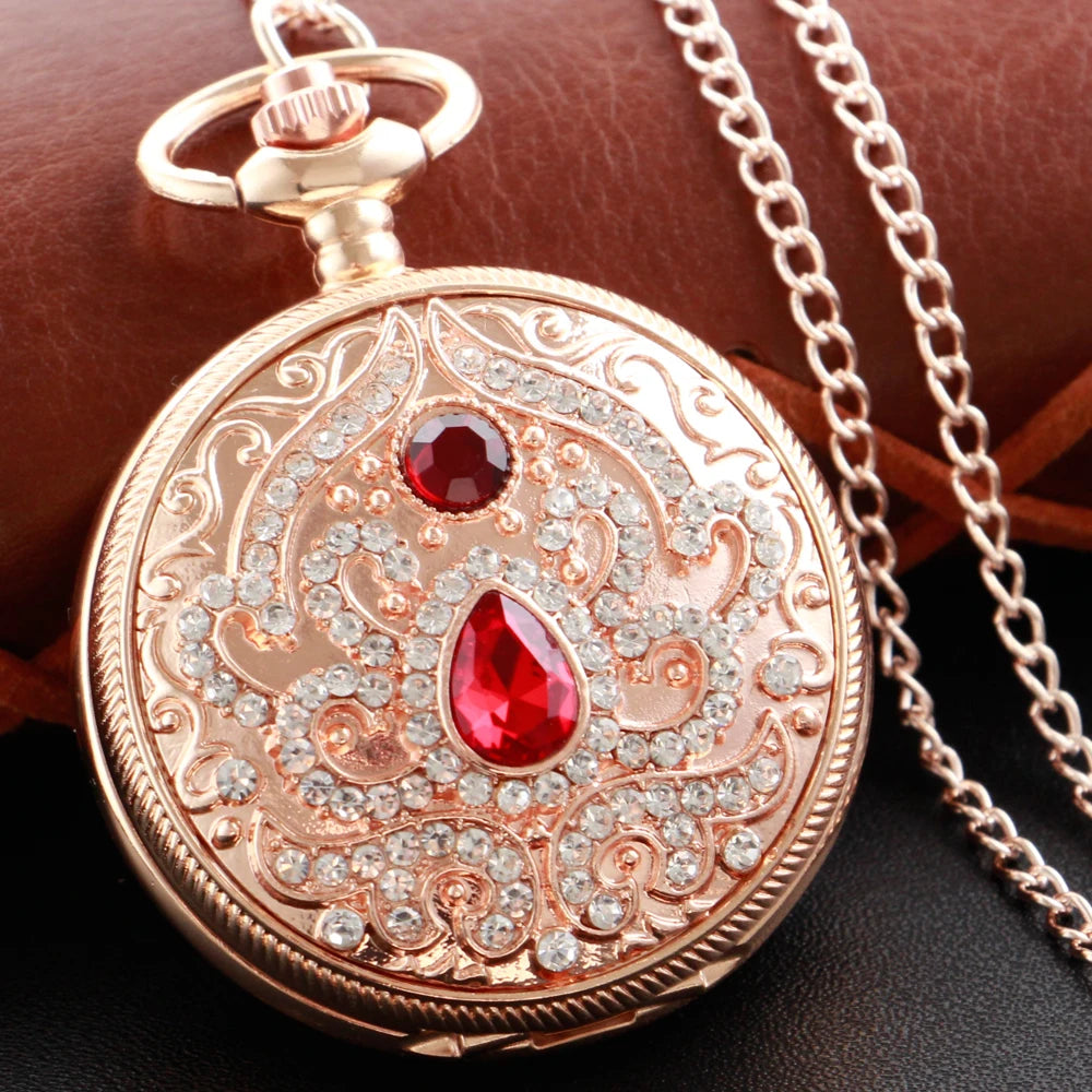 Gold Diamond Luxury Emerald Gem Pocket Watch Necklace Digital Pendant Chain Clock Fashion Sculpture Women's Men's Gift