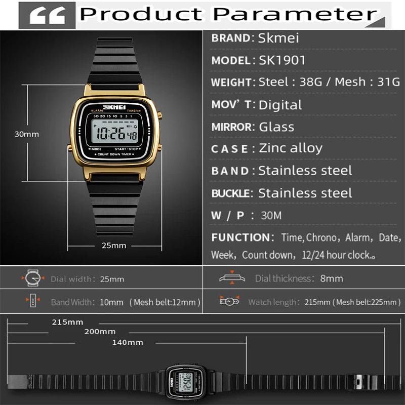 Women Bracelet Dress Watches Luxury Brand Stainless Steel Strap Fashion Waterproof Digital Chronograph Wristwatch