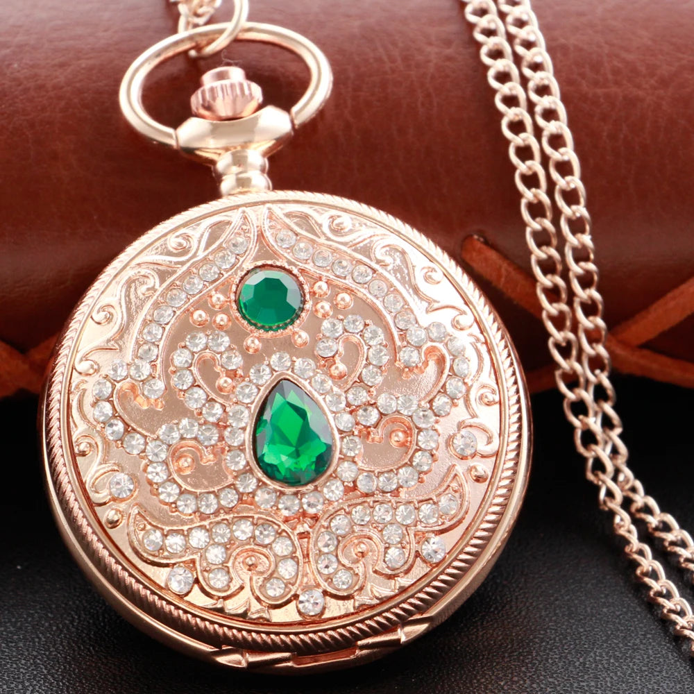 Gold Diamond Luxury Emerald Gem Pocket Watch Necklace Digital Pendant Chain Clock Fashion Sculpture Women's Men's Gift