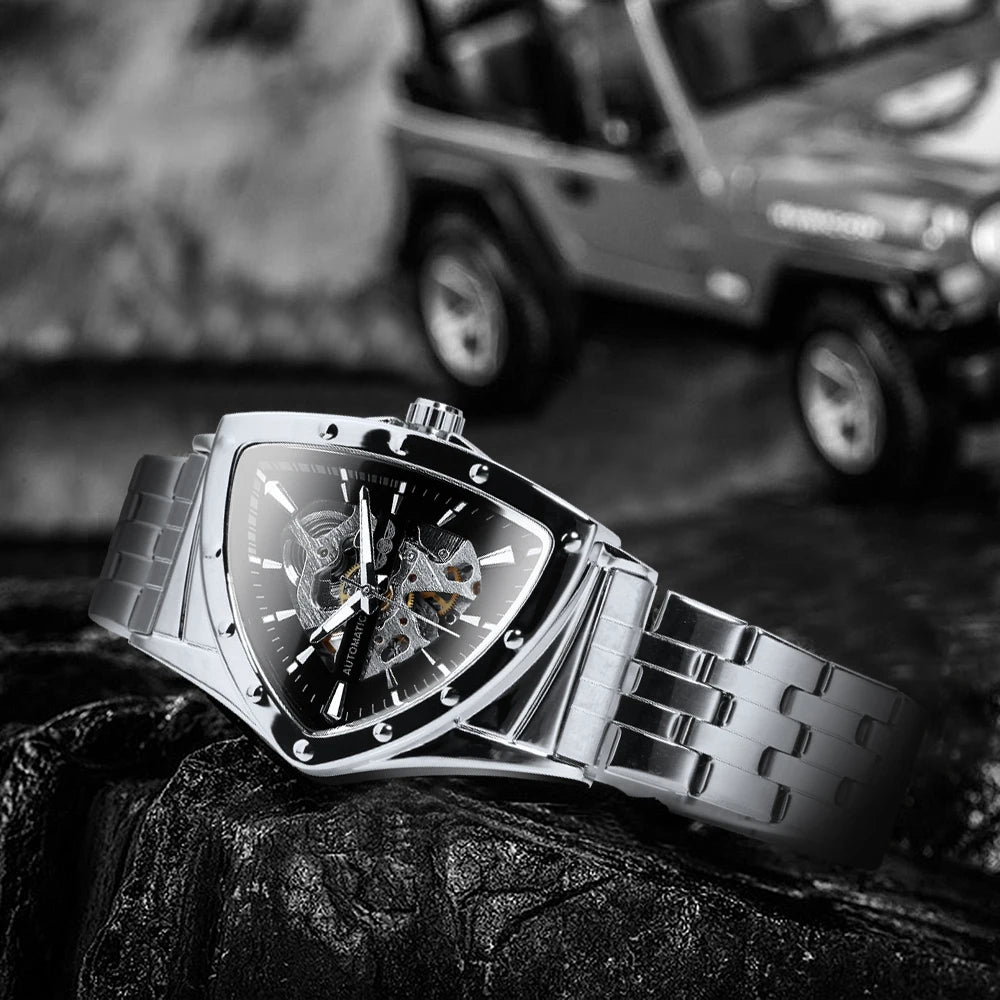 Military Triangle Skeleton Automatic Watch for Men Gold Sports Mechanical Watches Luxury Stainless Steel Strap Luminous