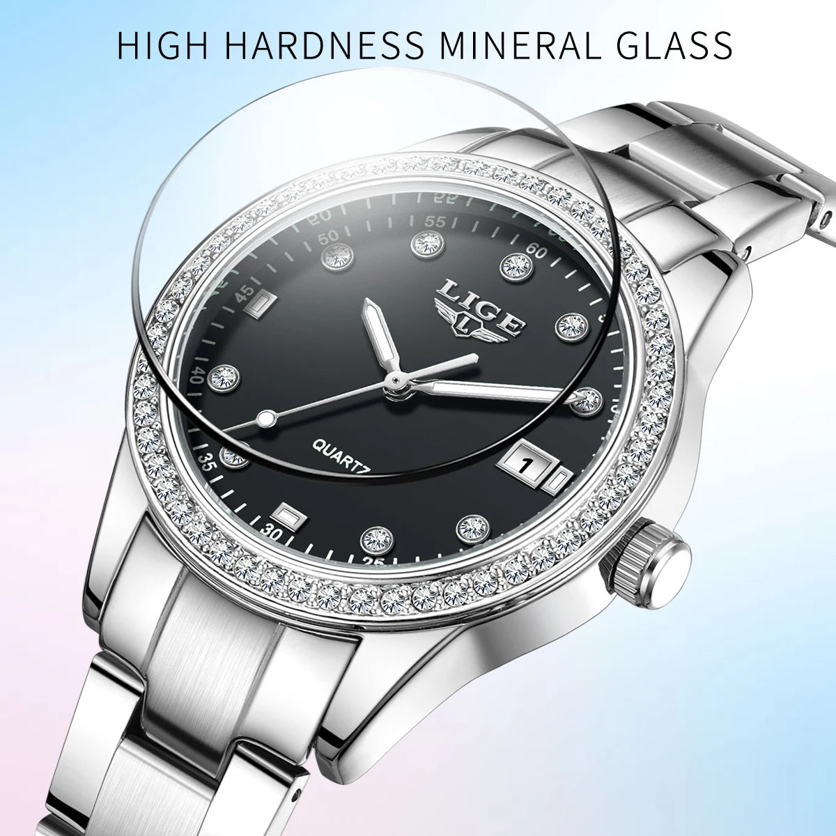 LIGE Simple Fashion Quartz Woman Watch Luxury Elegant Diamond Classic Waterproof Stainless Steel Auto Date Ladies Gift Clock+Box