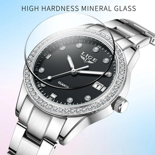 LIGE Simple Fashion Quartz Woman Watch Luxury Elegant Diamond Classic Waterproof Stainless Steel Auto Date Ladies Gift Clock+Box