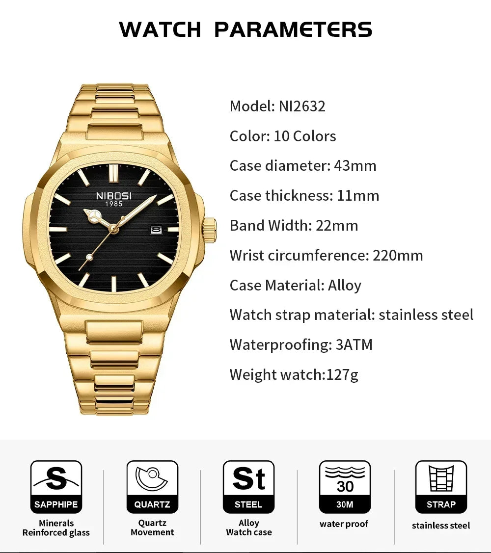 Luxury Watch For Man Waterproof Square Luminous Date Stainless Steel Men Watch Casual Quartz Mens Watches Reloj Hombre