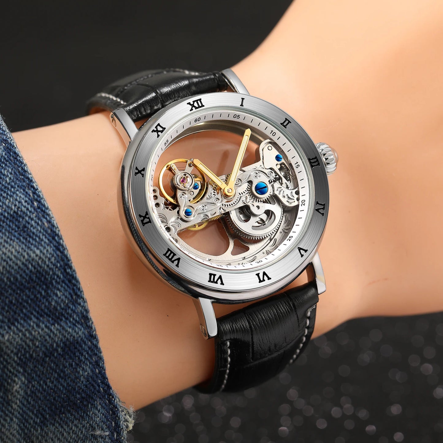 Luxury Steel Skeleton Tourbillon Automatic Watches Men Leather Mechanical Waterproof Luminous Elegant Wrist Clock