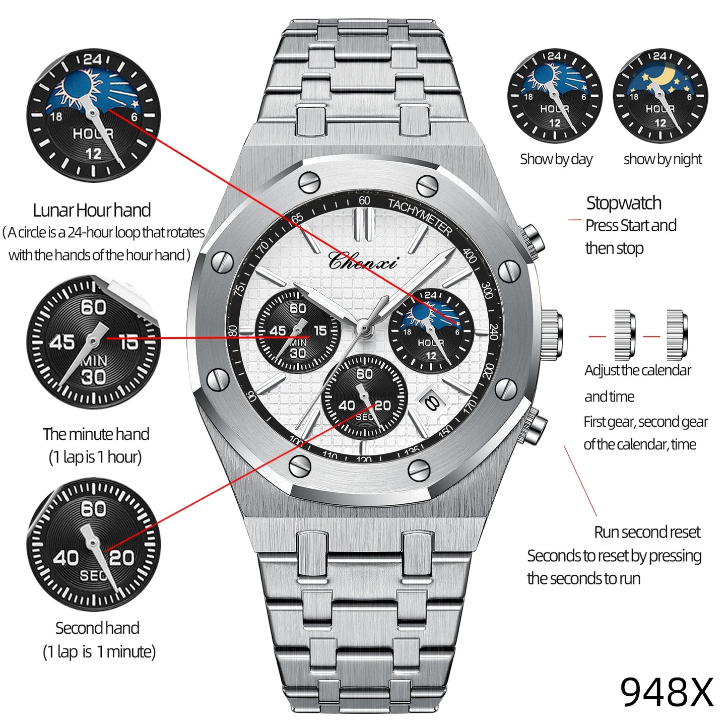 Luxury Business Man Watch High Quality Chronograph Moon Phase Quartz Watches Original Waterproof Clock Male
