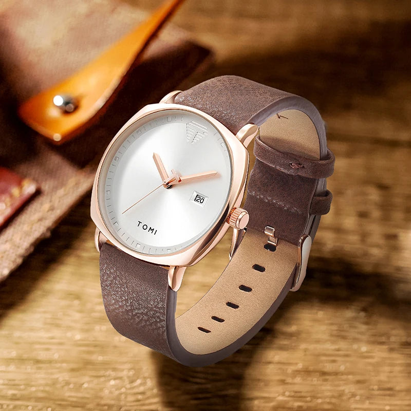 TOMI Men's Watch Minimalist Fashion Sports Watch Calendar Leather Casual Quartz Watch