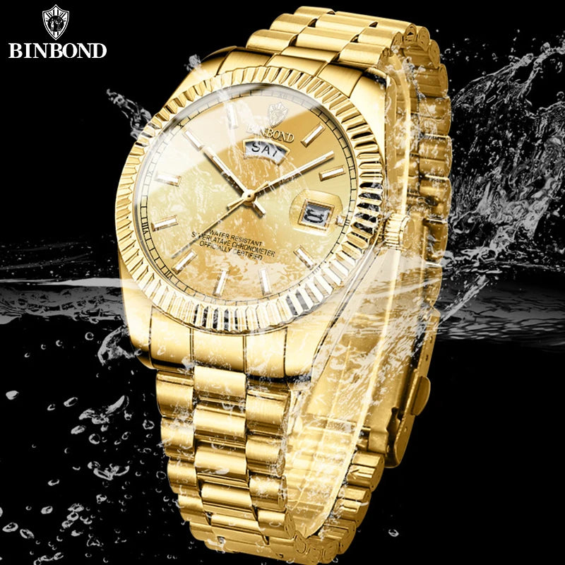 Mens Fashion Business Sports Quartz Watch 30M Waterproof Luminous Classic Calendar Creative Clock Mens Wristwatch BINBOND