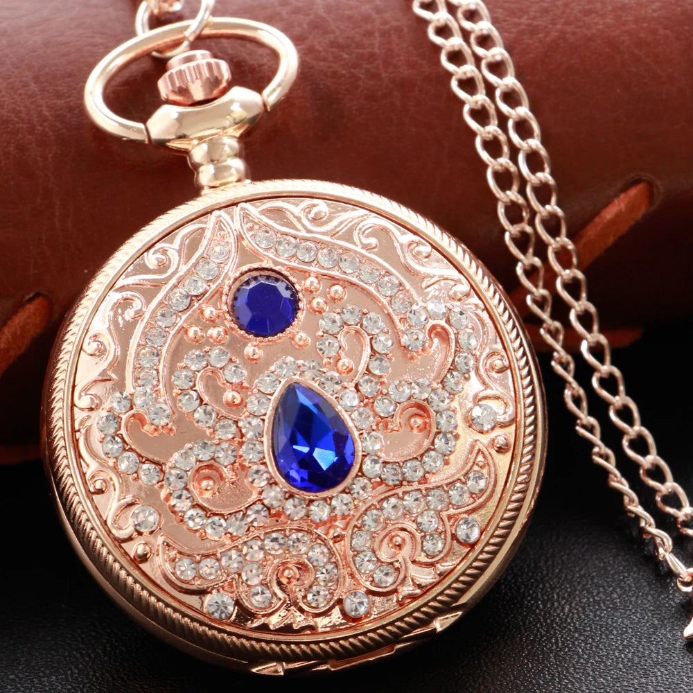 Gold Diamond Luxury Emerald Gem Pocket Watch Necklace Digital Pendant Chain Clock Fashion Sculpture Women's Men's Gift