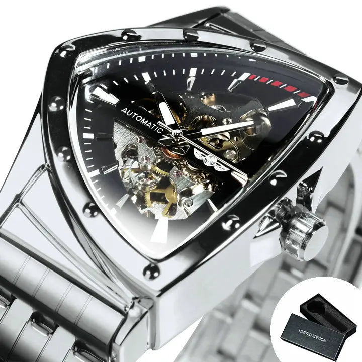 Military Triangle Skeleton Automatic Watch for Men Gold Sports Mechanical Watches Luxury Stainless Steel Strap Luminous