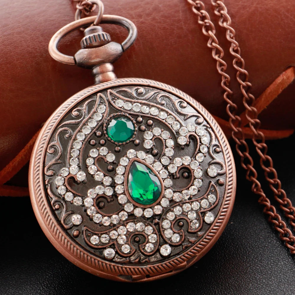 Gold Diamond Luxury Emerald Gem Pocket Watch Necklace Digital Pendant Chain Clock Fashion Sculpture Women's Men's Gift