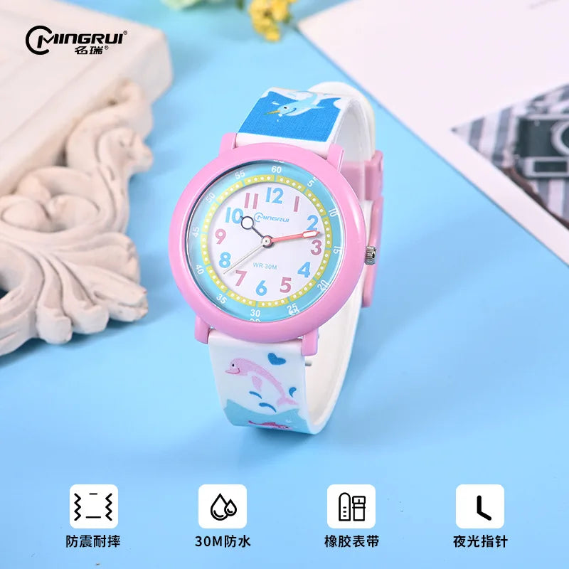 Kids Watch Cute Dolphin Cartoon Quartz Waterproof Silent Outdoor Sports Glow Rubber Boys' Watch Girls' Watch Childhood Clock