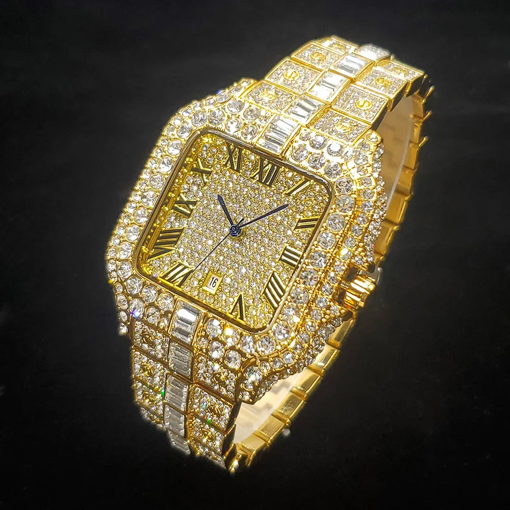 Iced Diamond Square 
Watch For Men Fashion Hip Hop Gold LuxuryQuartz Waterproof Stainless steel Clocks Male