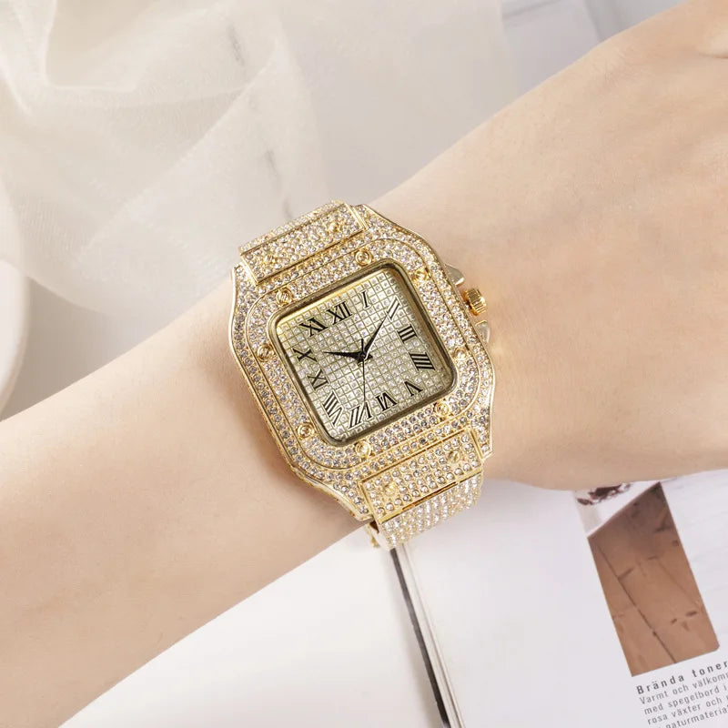 Watch For Men Luxury Gold Square Diamond Full Sky Star Male's Clock Watches Steel Band Quartz Wristwatch