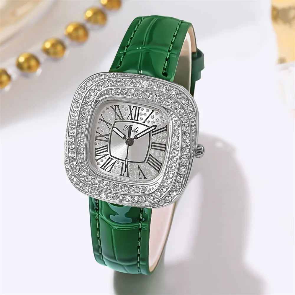 Fashion 2025 New Simple Square Ladies Full Star Diamonds Quartz Watch Casual Green Leather Dress Women's Clock Wristwatch
