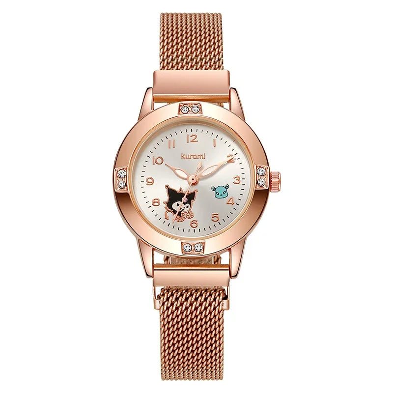 Diamond Ladies Watches Cat Bow Kawaii Pink Ladies Gold Sliver Metal Jewelry Cartoon Magnetic Watch Girls