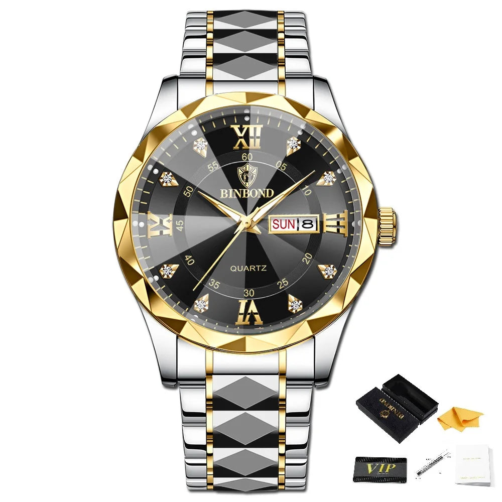 BINBOND Men Waterproof Week Date Clock Stainless Steel Sport Watch Top Brand Luxury Fashion Quartz Watch Men Quartz Wristwatch