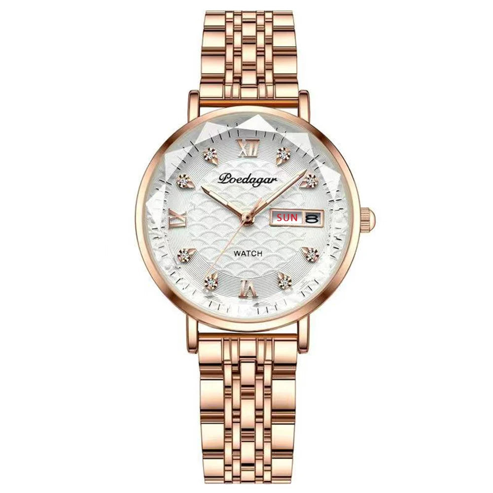 POEDAGAR Original Luxury Women Watch Week Date Waterproof Luminous Stainless Steel Woman Watches Simple Trendy Ladies Wristwatch