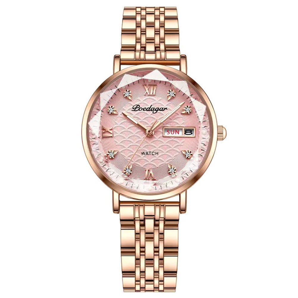 POEDAGAR Original Luxury Women Watch Week Date Waterproof Luminous Stainless Steel Woman Watches Simple Trendy Ladies Wristwatch