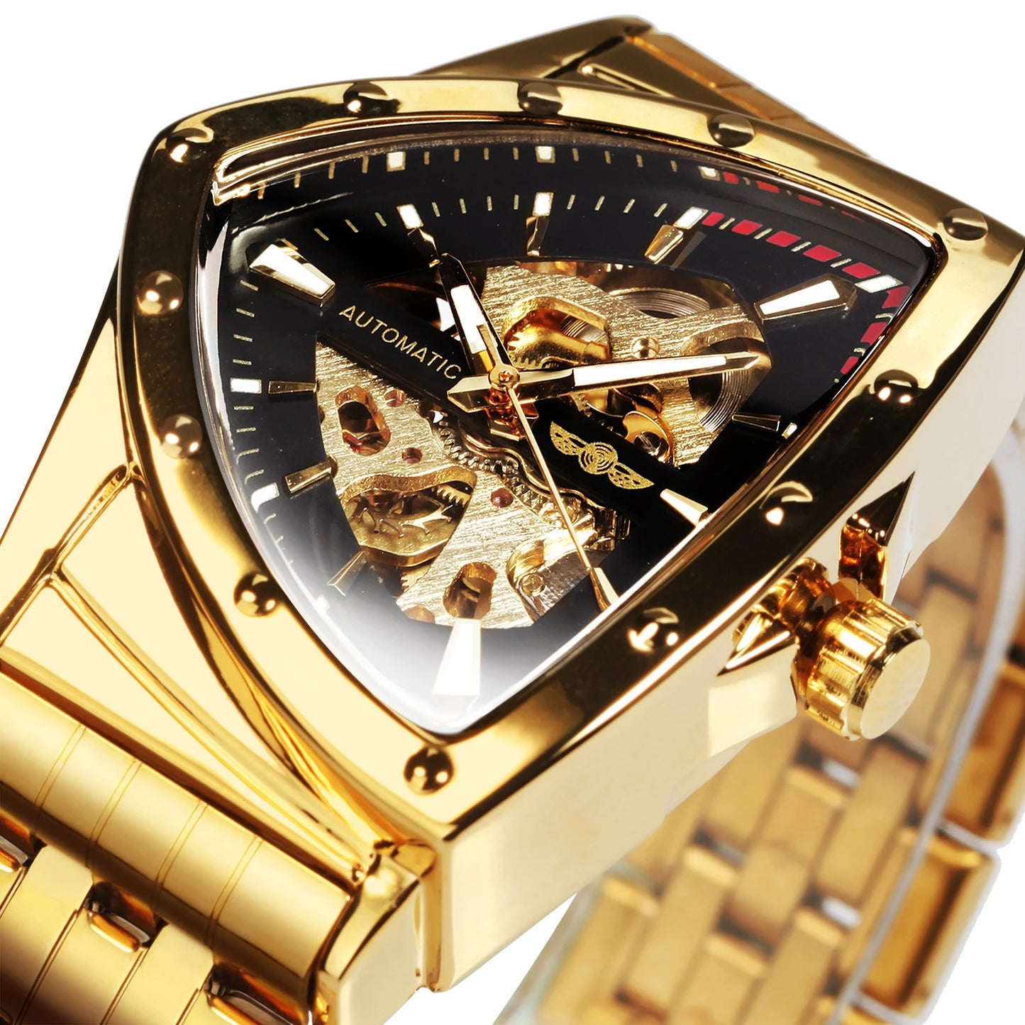 Military Triangle Skeleton Automatic Watch for Men Gold Sports Mechanical Watches Luxury Stainless Steel Strap Luminous