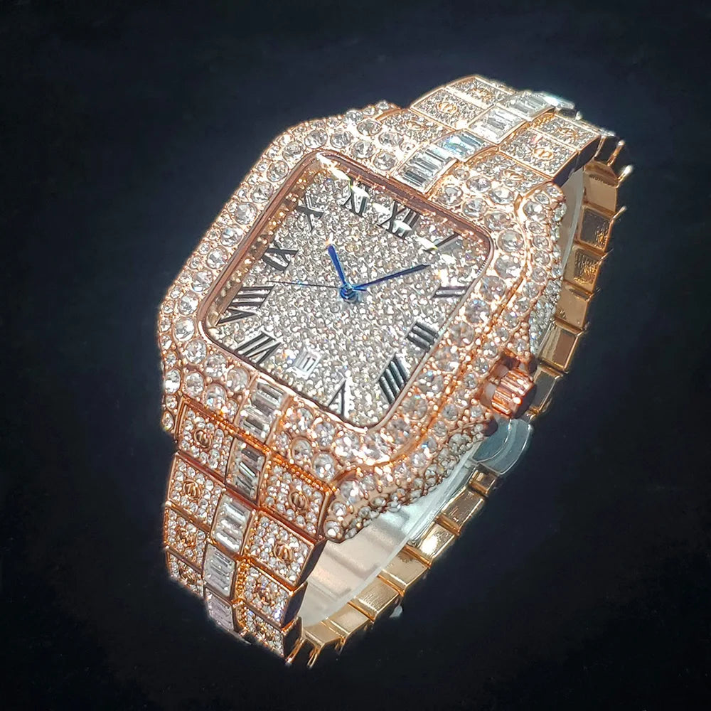 Iced Diamond Square 
Watch For Men Fashion Hip Hop Gold LuxuryQuartz Waterproof Stainless steel Clocks Male