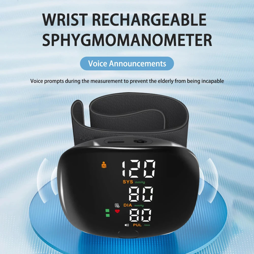 Digital Wrist Blood Pressure Meter Automatic Voice Tonometer Heart Rate Monitor Smart Touch LCD Screen Charge Sphygmomanometer