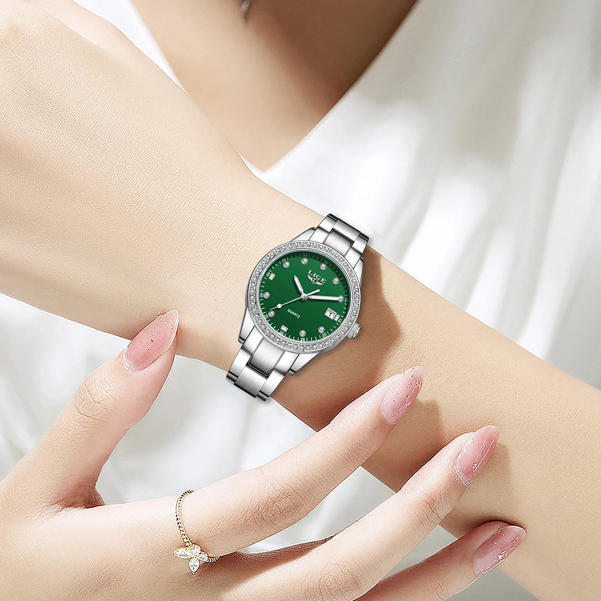 LIGE Simple Fashion Quartz Woman Watch Luxury Elegant Diamond Classic Waterproof Stainless Steel Auto Date Ladies Gift Clock+Box