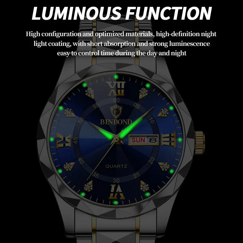 BINBOND Men Waterproof Week Date Clock Stainless Steel Sport Watch Top Brand Luxury Fashion Quartz Watch Men Quartz Wristwatch