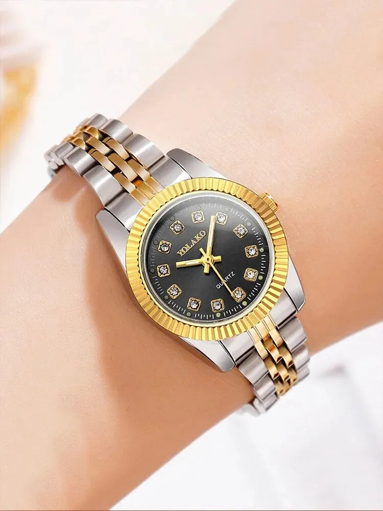 Women's Fashion Round Room Gold Steel Band Quartz Wristwatch