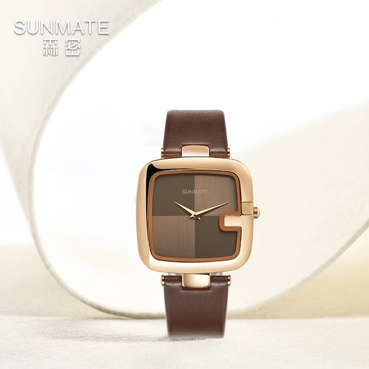 SUNMATE Elegant Ultra-thin Nordic Simple Style Quartz Movement Women's Watch Fashion Genuine Leather Strap Women's Watch