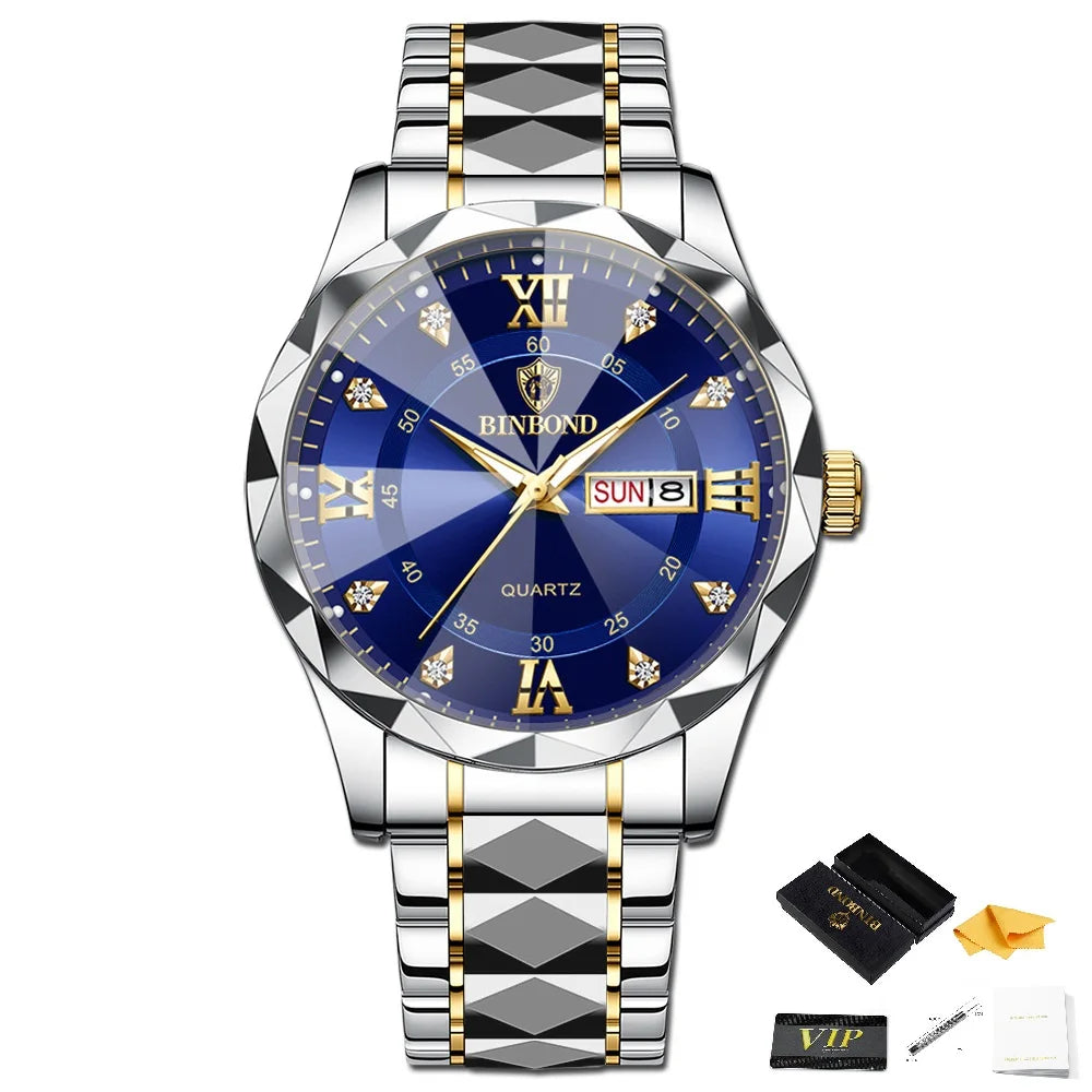 BINBOND Men Waterproof Week Date Clock Stainless Steel Sport Watch Top Brand Luxury Fashion Quartz Watch Men Quartz Wristwatch