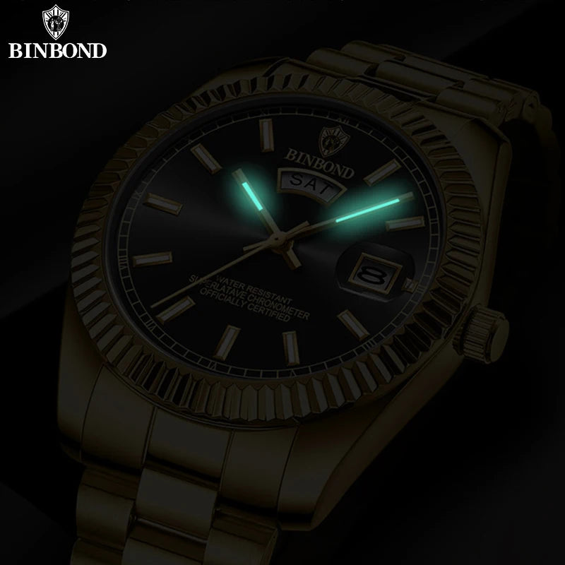 Mens Fashion Business Sports Quartz Watch 30M Waterproof Luminous Classic Calendar Creative Clock Mens Wristwatch BINBOND
