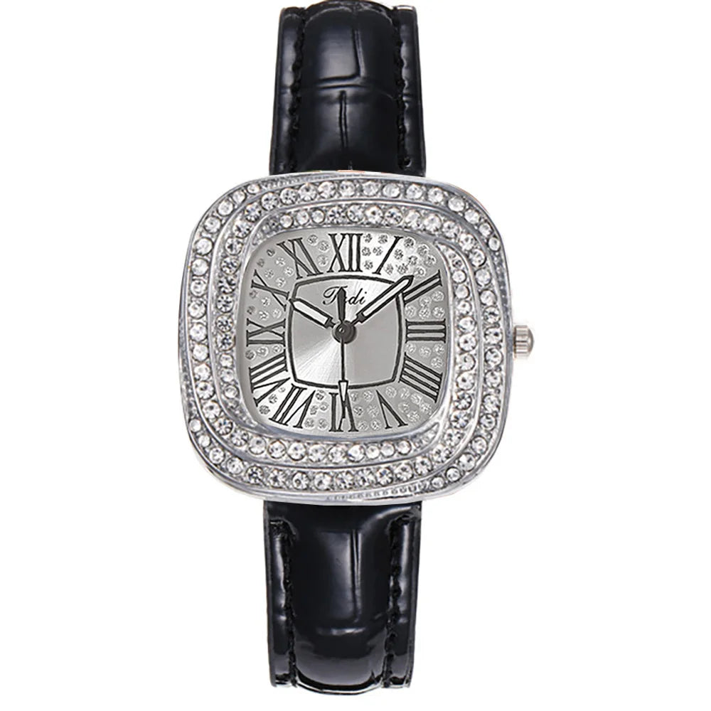 Fashion 2025 New Simple Square Ladies Full Star Diamonds Quartz Watch Casual Green Leather Dress Women's Clock Wristwatch