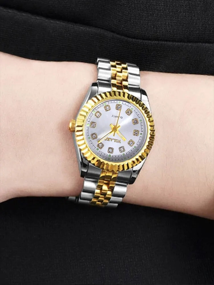 Women's Fashion Round Room Gold Steel Band Quartz Wristwatch