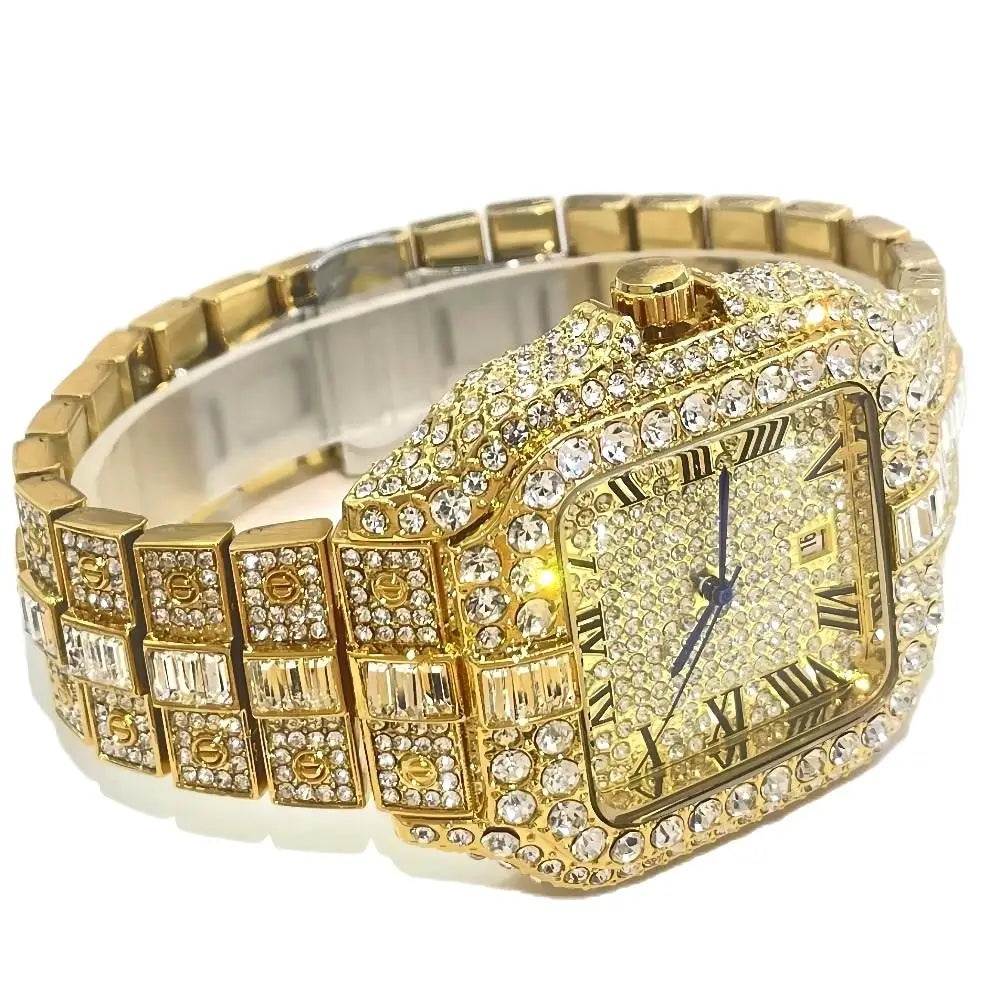 Iced Diamond Square 
Watch For Men Fashion Hip Hop Gold LuxuryQuartz Waterproof Stainless steel Clocks Male