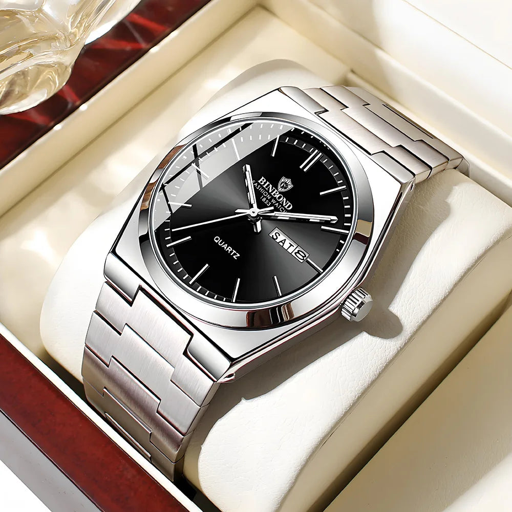 Men Watch Light Luxury Brand Stainless Steel Double Calendar Waterproof Male Business Leisure Fashion Quartz Clock Watches