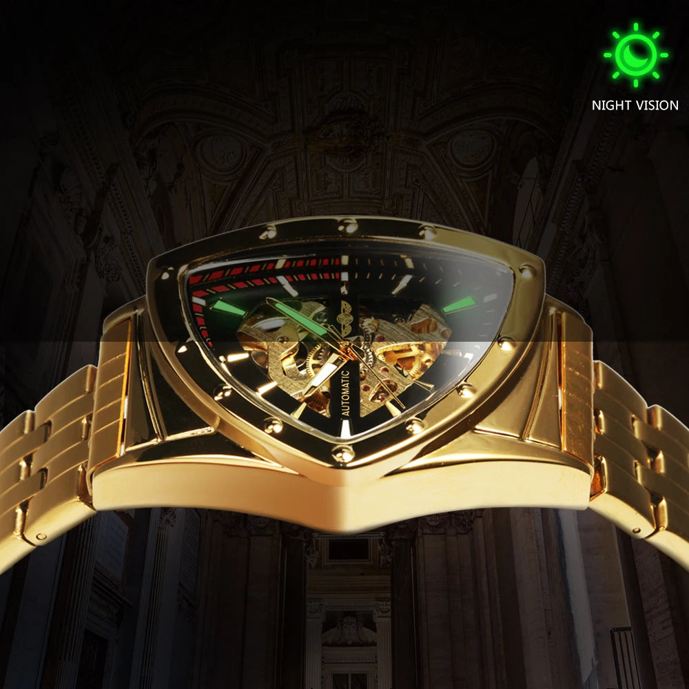 Military Triangle Skeleton Automatic Watch for Men Gold Sports Mechanical Watches Luxury Stainless Steel Strap Luminous