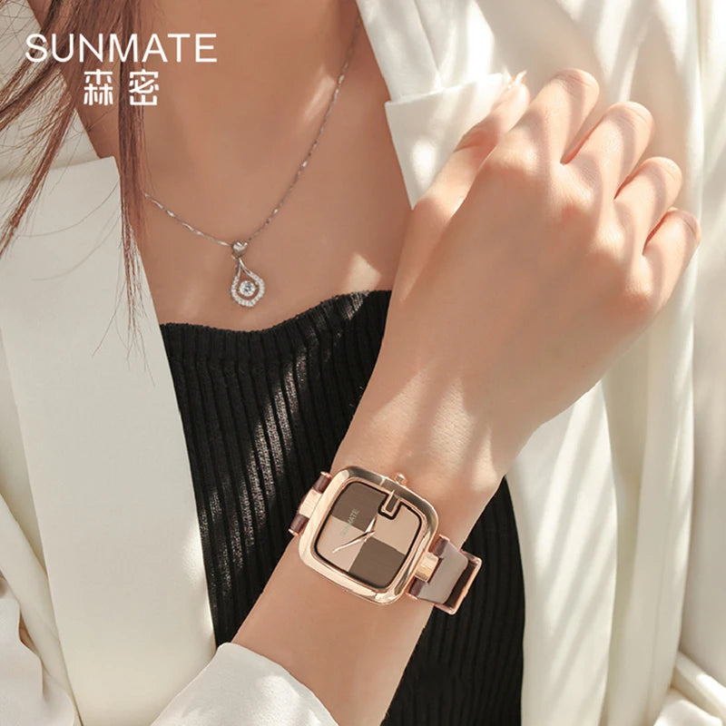 SUNMATE Elegant Ultra-thin Nordic Simple Style Quartz Movement Women's Watch Fashion Genuine Leather Strap Women's Watch