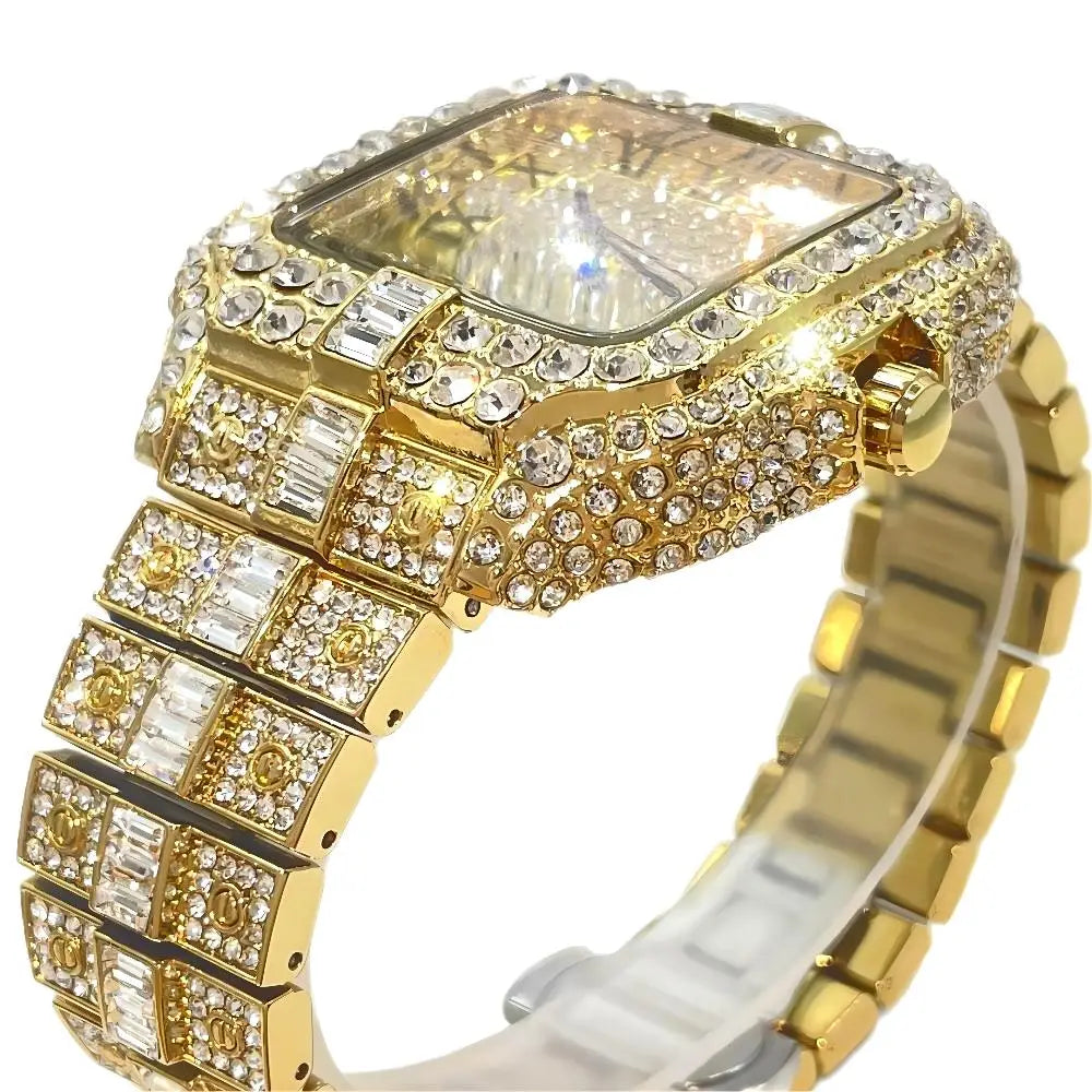 Iced Diamond Square 
Watch For Men Fashion Hip Hop Gold LuxuryQuartz Waterproof Stainless steel Clocks Male