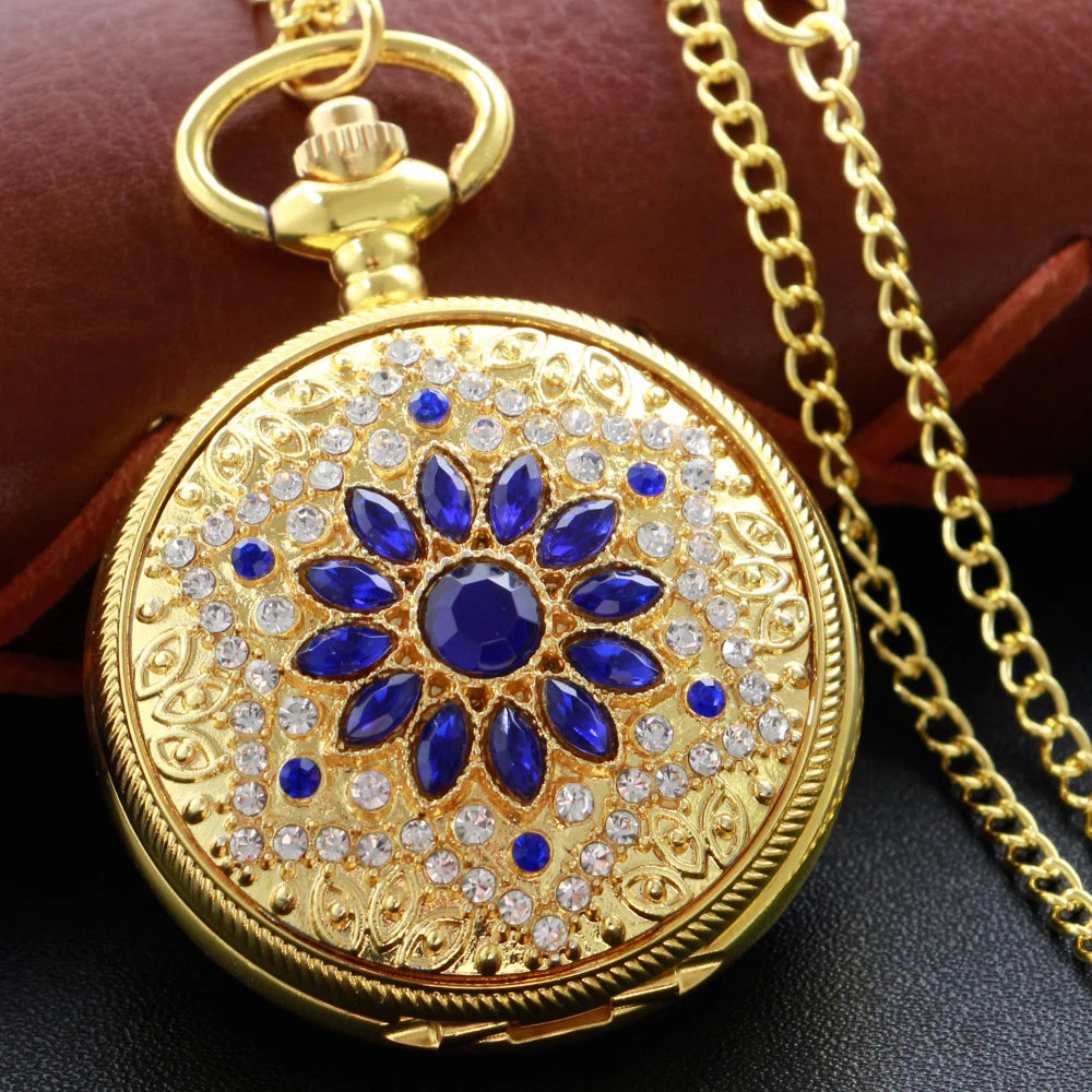 Gold Diamond Luxury Emerald Gem Pocket Watch Necklace Digital Pendant Chain Clock Fashion Sculpture Women's Men's Gift