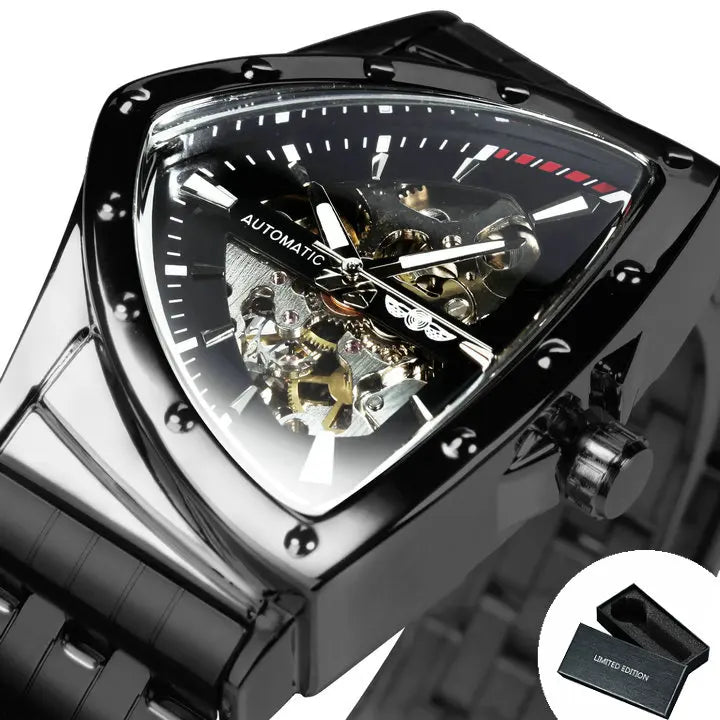 Military Triangle Skeleton Automatic Watch for Men Gold Sports Mechanical Watches Luxury Stainless Steel Strap Luminous